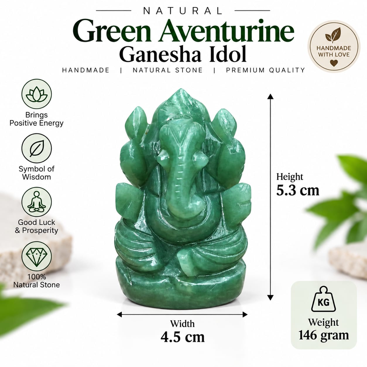 Natural Green Aventurine Ganesha Idol – Handmade, 5.3cm height, 146 grams